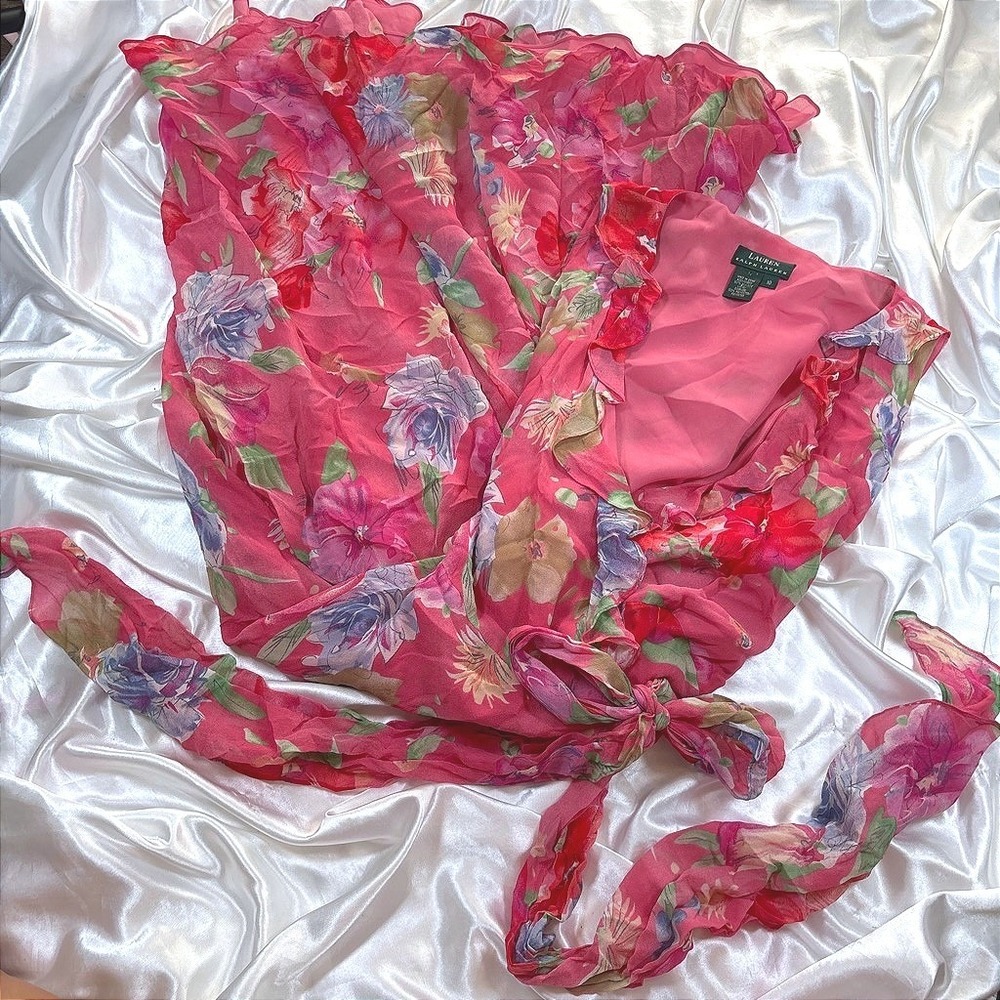 Vintage Lauren Ralph Lauren Silk Wrap Dress Pink Floral Excellent Ruffle Midi 10